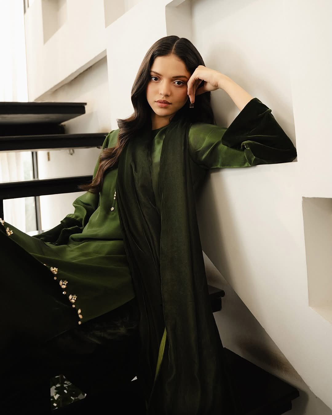 Emerald Forest Silk-Velvet Long Shirt with Hand-Embellished Border