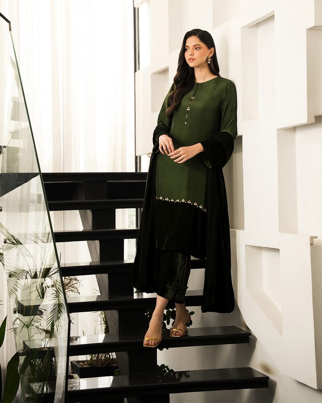 Emerald Forest Silk-Velvet Long Shirt with Hand-Embellished Border