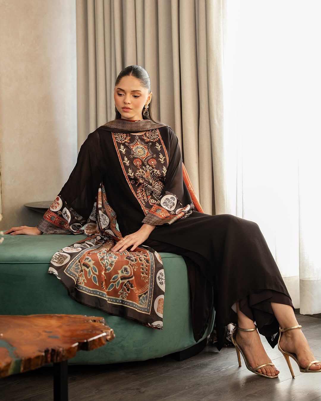 Chocolate Brown Silk-Chiffon Kurta Set with Intricate Persian-Style Embroidery