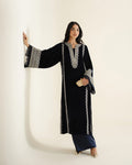 Midnight Navy Velvet Embroidered Caftan Set with Flared Sleeves and Silk Trousers