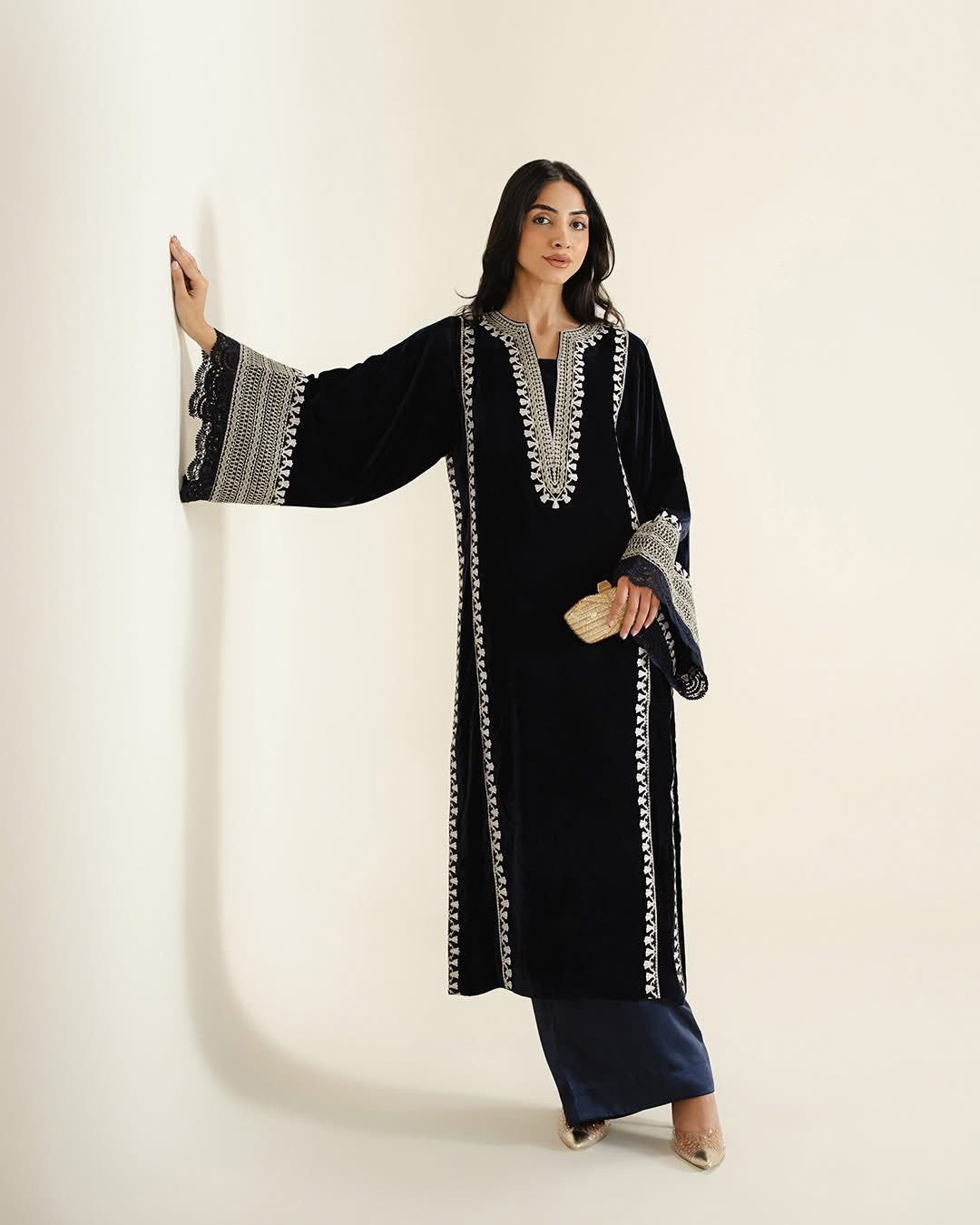 Midnight Navy Velvet Embroidered Caftan Set with Flared Sleeves and Silk Trousers