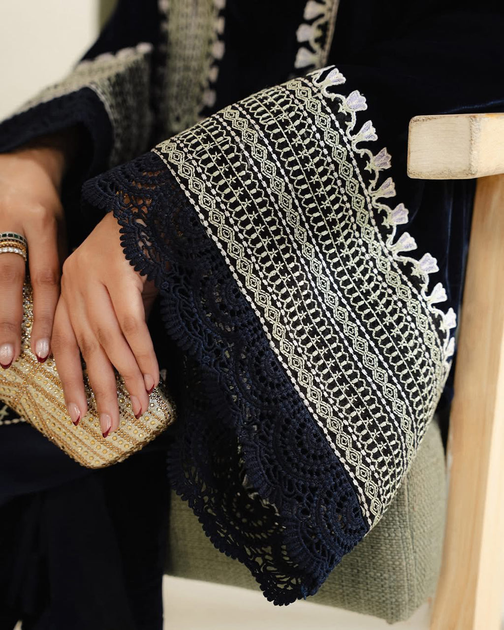 Midnight Navy Velvet Embroidered Caftan Set with Flared Sleeves and Silk Trousers