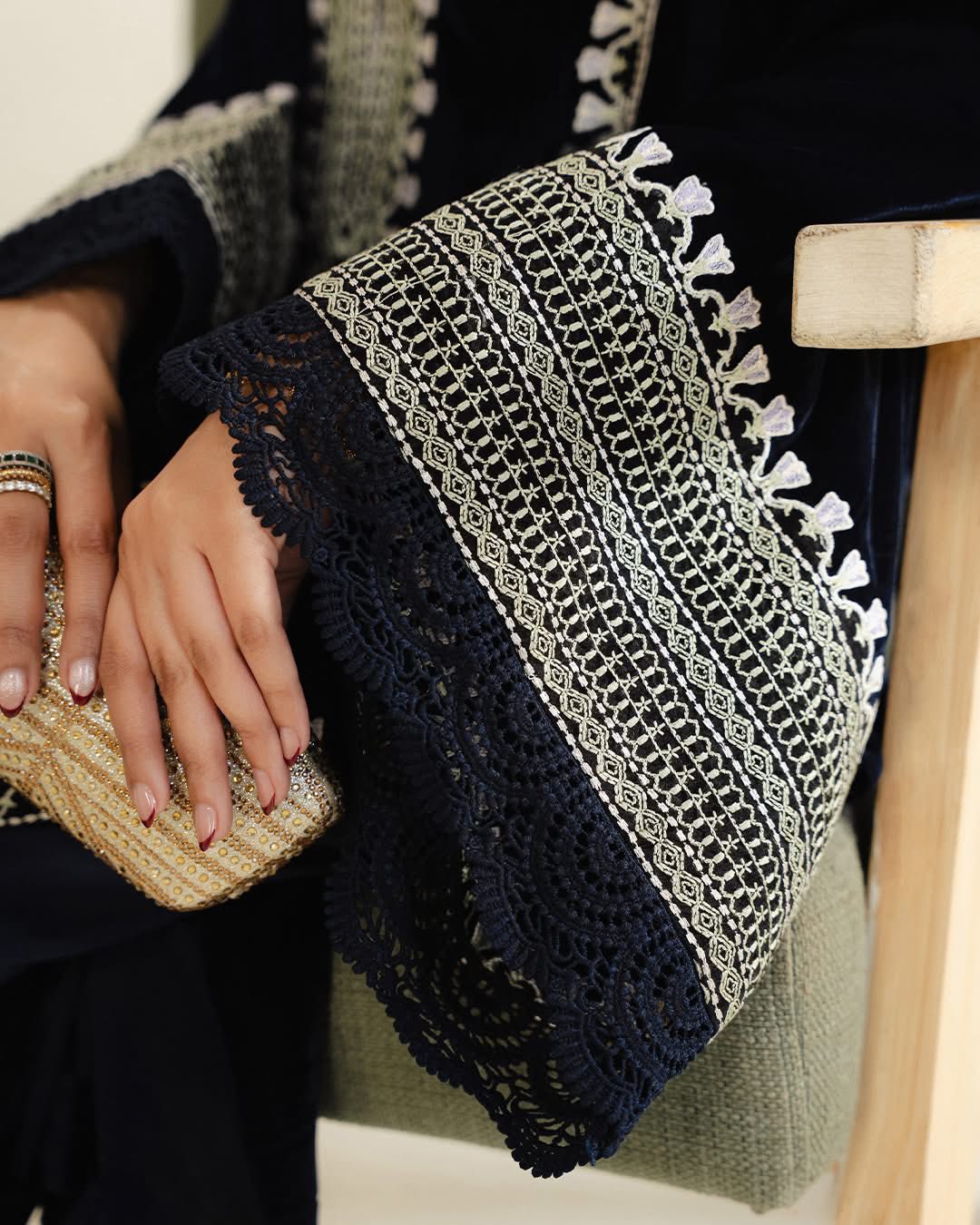 Midnight Navy Velvet Embroidered Caftan Set with Flared Sleeves and Silk Trousers