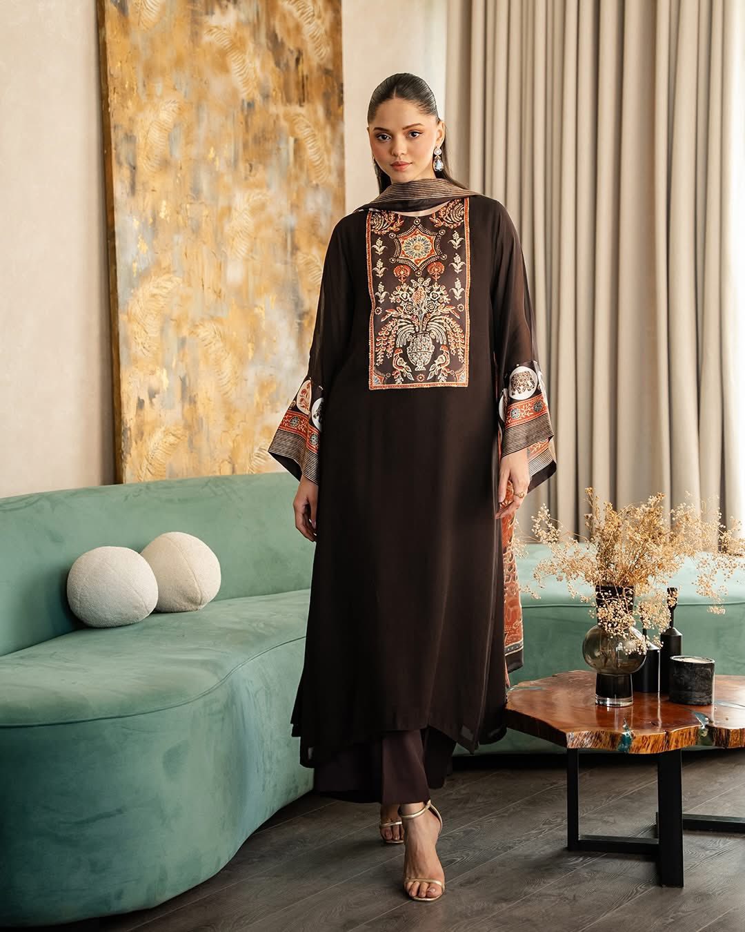 Chocolate Brown Silk-Chiffon Kurta Set with Intricate Persian-Style Embroidery