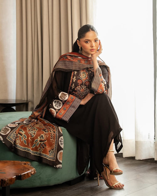 Chocolate Brown Silk-Chiffon Kurta Set with Intricate Persian-Style Embroidery