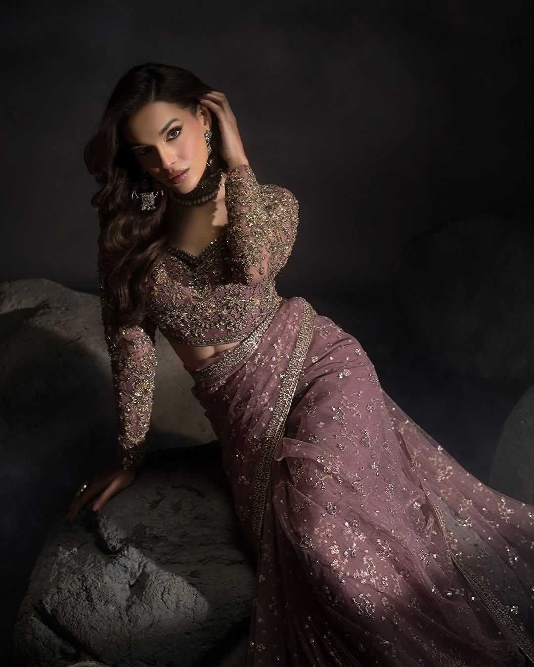Mauve Rose Sequin-Embellished Net Saree with Heavily Embroidered Full-Sleeve Blouse