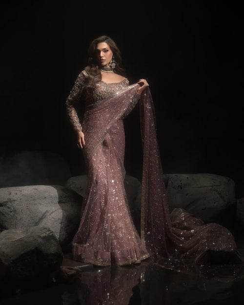 Mauve Rose Sequin-Embellished Net Saree with Heavily Embroidered Full-Sleeve Blouse