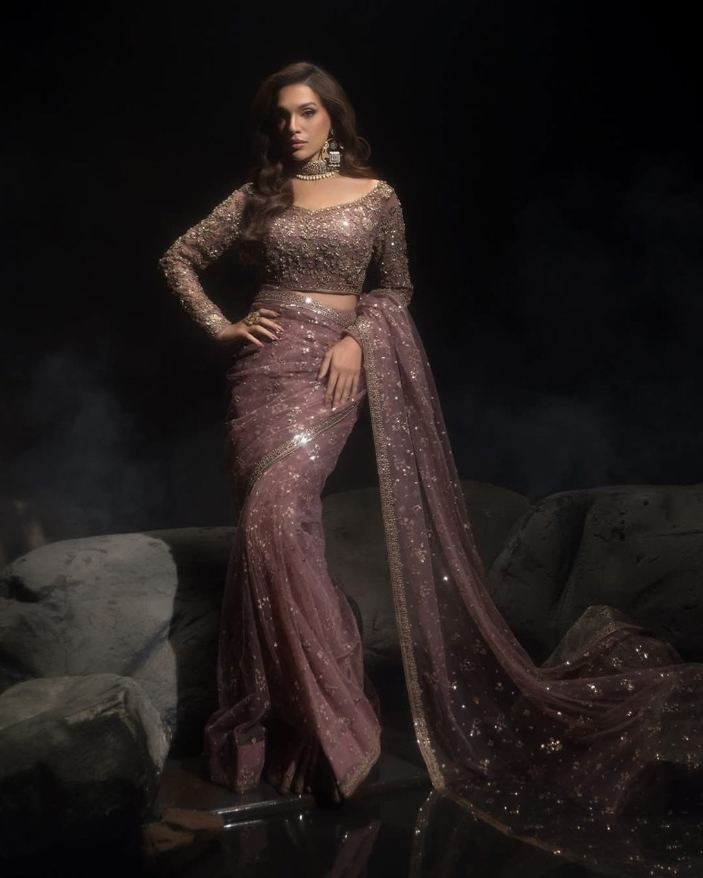 Mauve Rose Sequin-Embellished Net Saree with Heavily Embroidered Full-Sleeve Blouse
