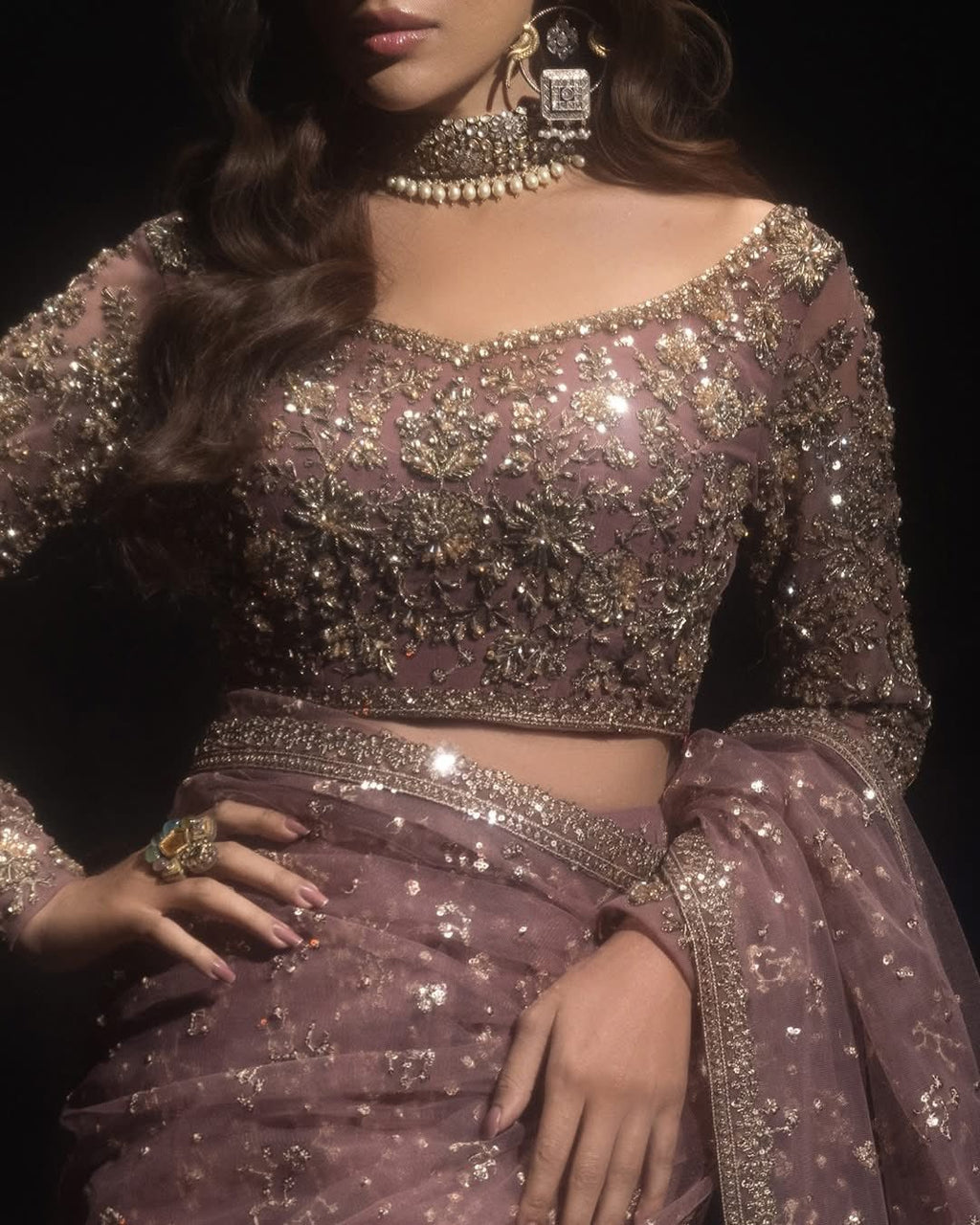 Mauve Rose Sequin-Embellished Net Saree with Heavily Embroidered Full-Sleeve Blouse