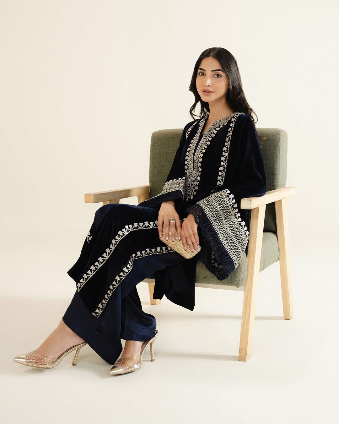 Midnight Navy Velvet Embroidered Caftan Set with Flared Sleeves and Silk Trousers