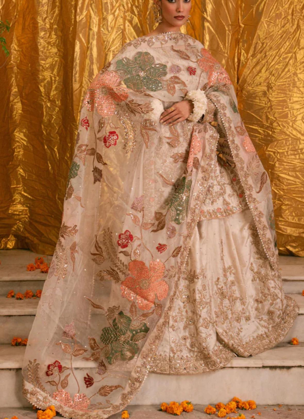 Embellished Ivory Organza Sharara Set with Zardosi Embroidery & Floral Appliqué Dupatta