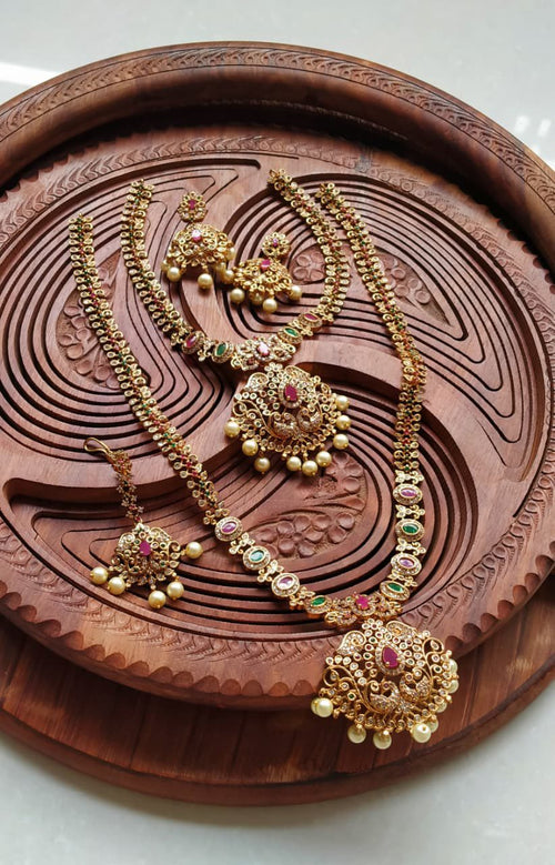 Antique Gold-Plated Temple Jewellery Set with Kemp Stones and Pearl Droplets