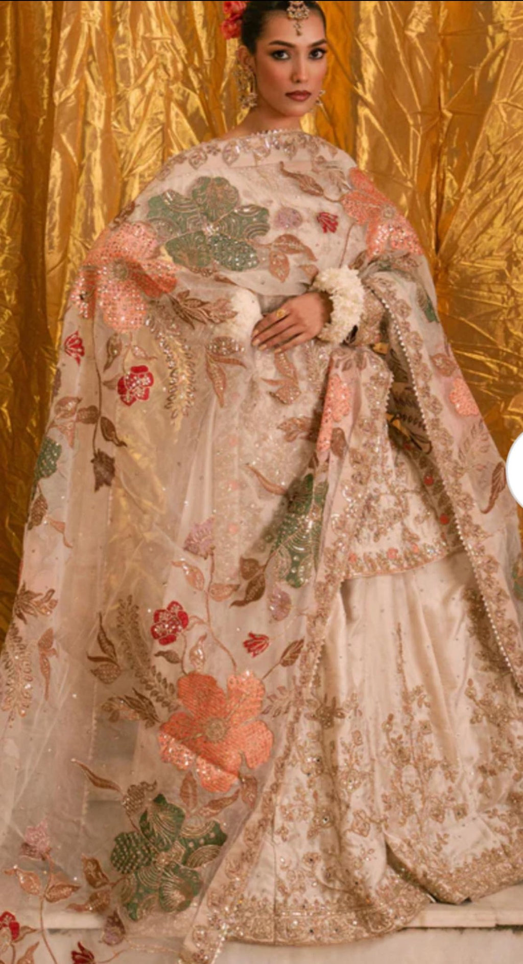 Embellished Ivory Organza Sharara Set with Zardosi Embroidery & Floral Appliqué Dupatta