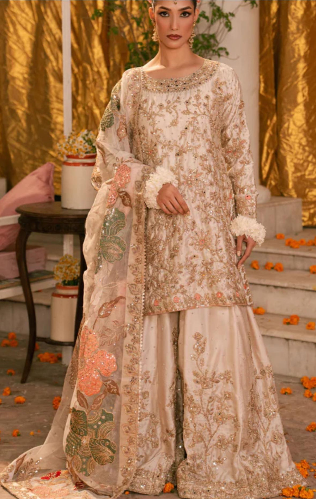 Embellished Ivory Organza Sharara Set with Zardosi Embroidery & Floral Appliqué Dupatta