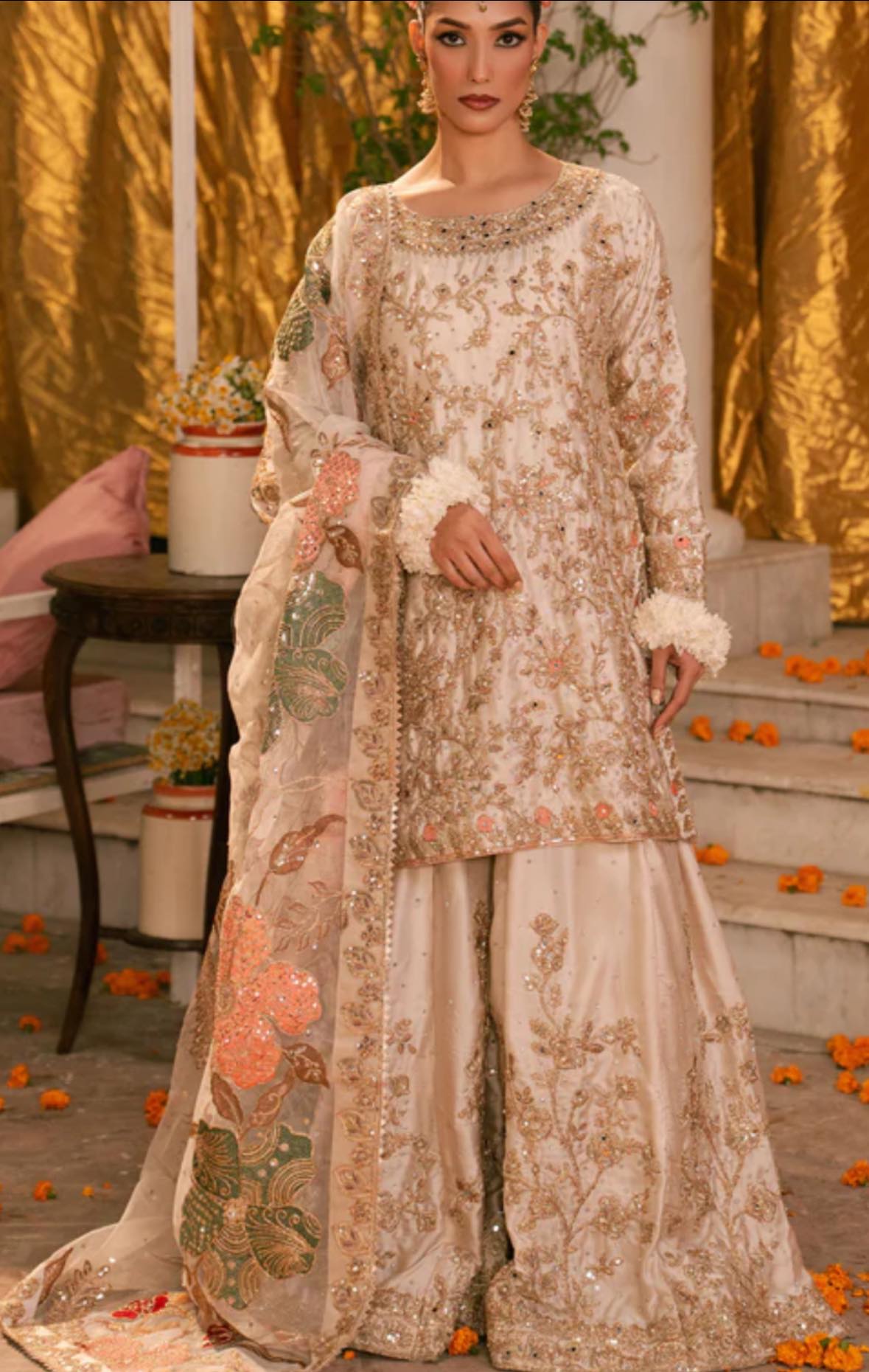 Embellished Ivory Organza Sharara Set with Zardosi Embroidery & Floral Appliqué Dupatta