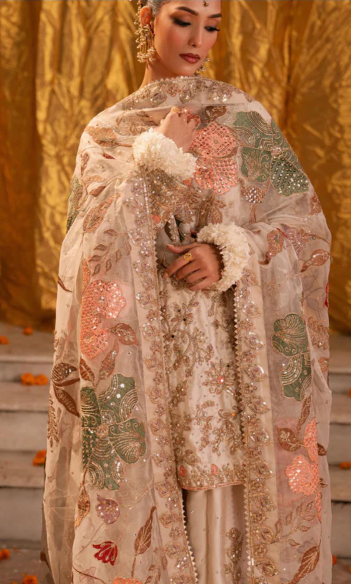 Embellished Ivory Organza Sharara Set with Zardosi Embroidery & Floral Appliqué Dupatta