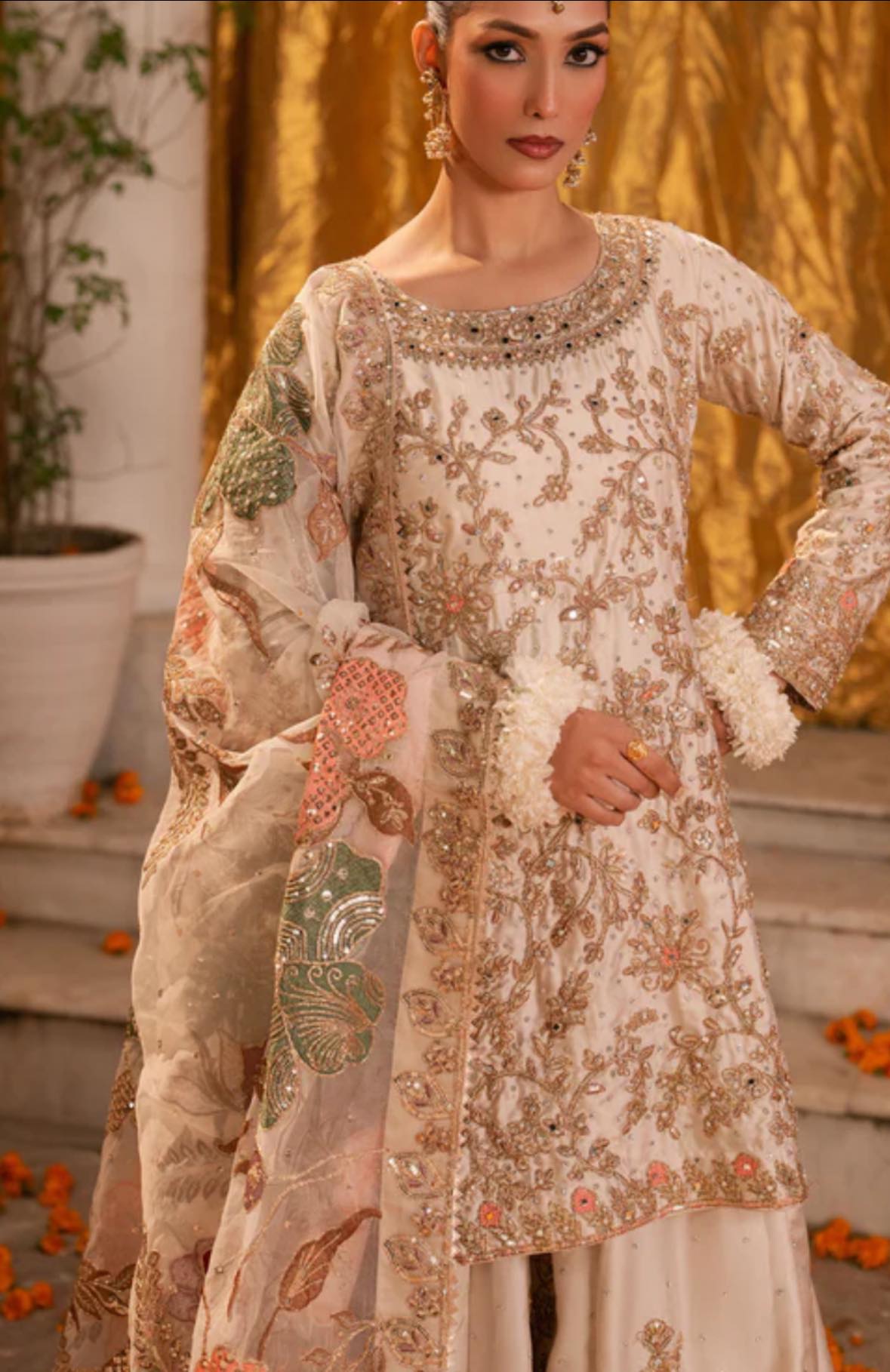 Embellished Ivory Organza Sharara Set with Zardosi Embroidery & Floral Appliqué Dupatta